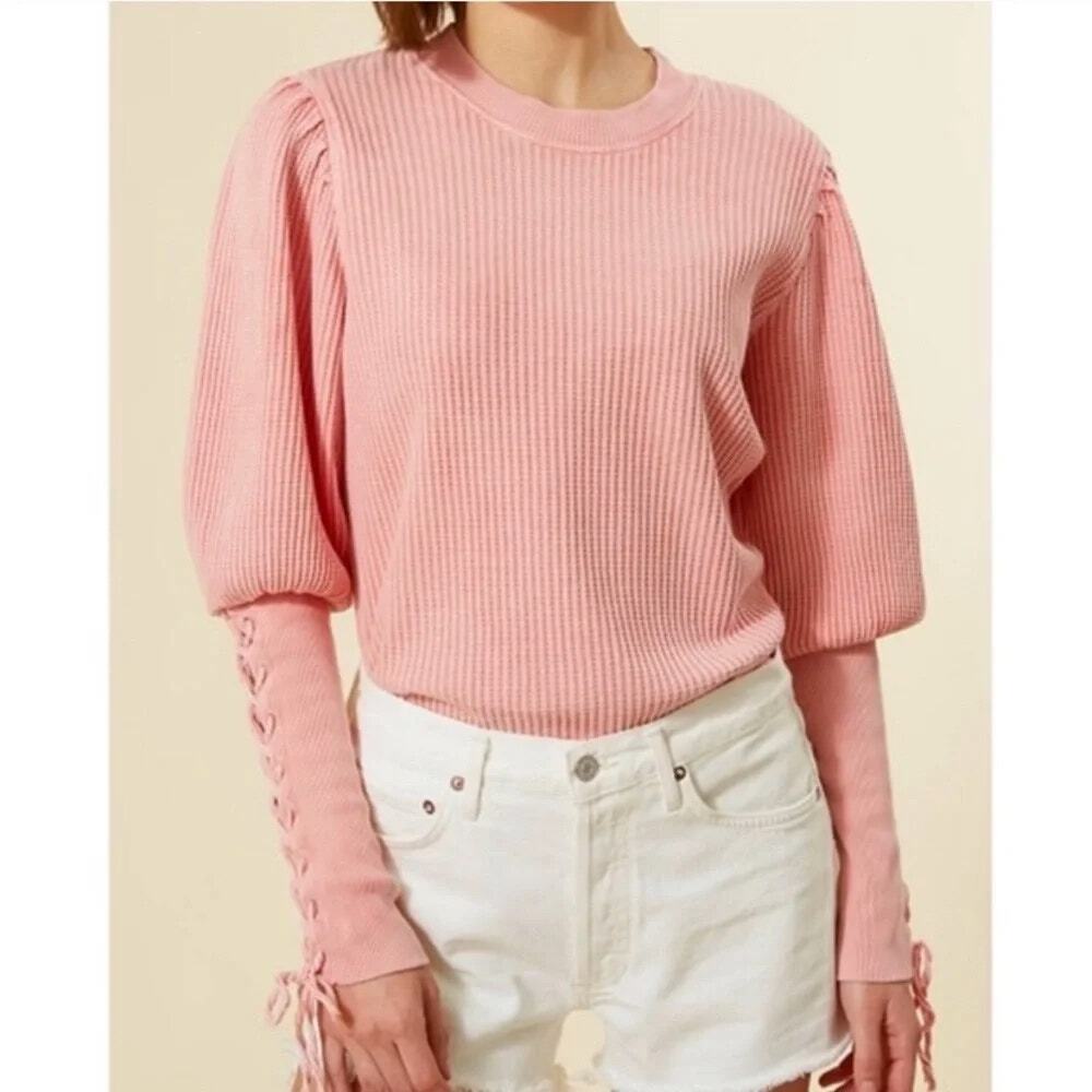 Free People FP One Tasha Pastel Pink Thermal Puff Sleeve Lace Up Cuff Top SZ XS